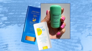 Best sunscreen sticks collage featuring three products on blue background.